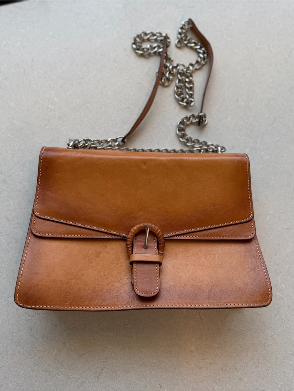 Classic Tan Leather Crossbody with Chain Strap and Buckle Detail-